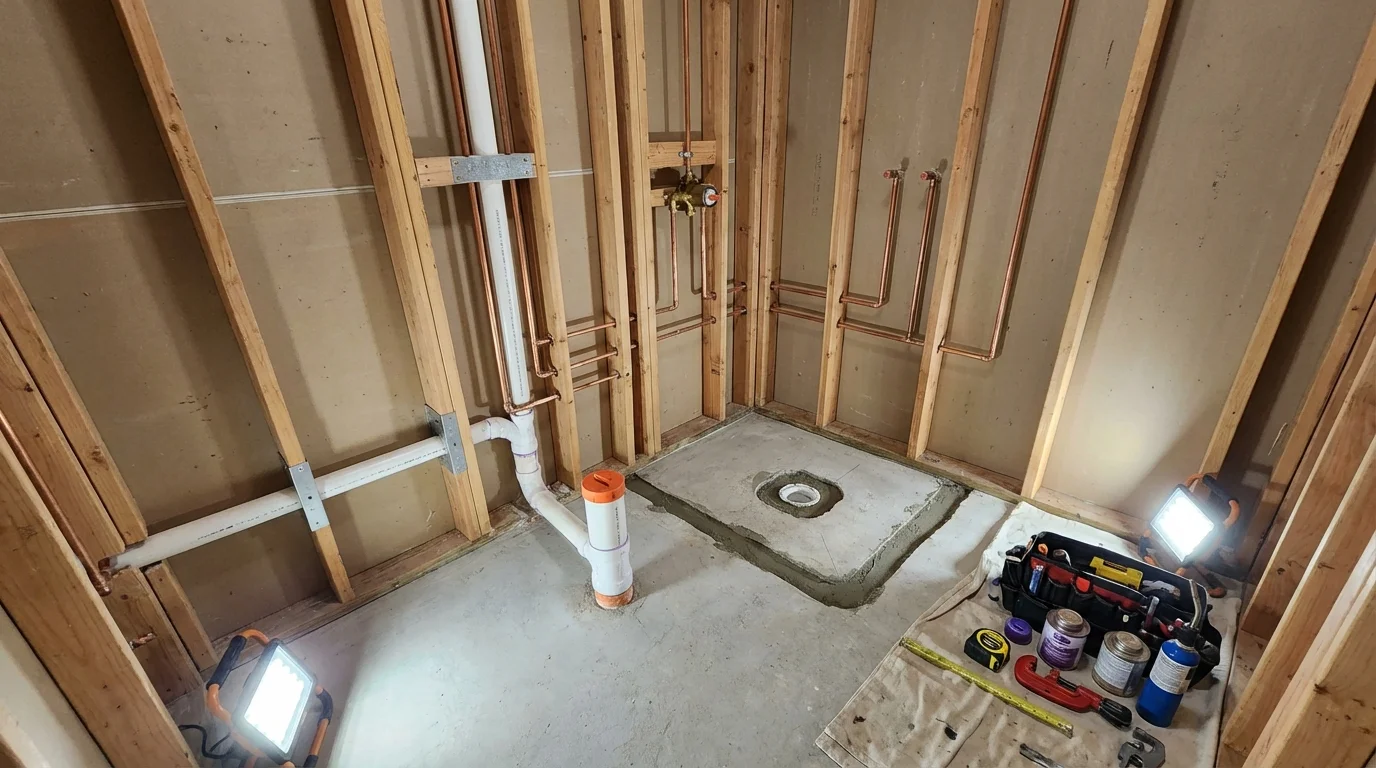 Bathroom rough-in plumbing during remodel by Johns Plumbing LLC in Minneapolis