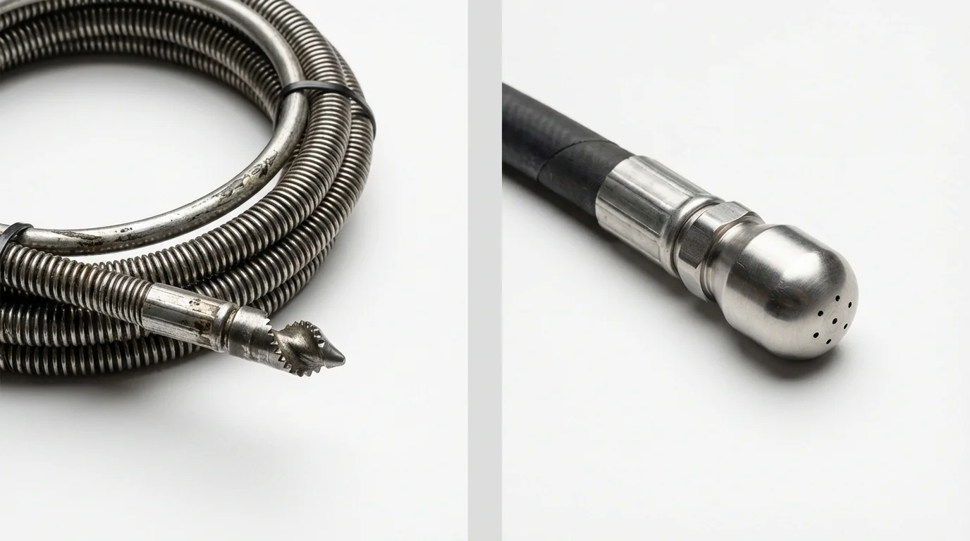 Drain snake cable and hydro jetting nozzle used for drain cleaning in Minneapolis, MN