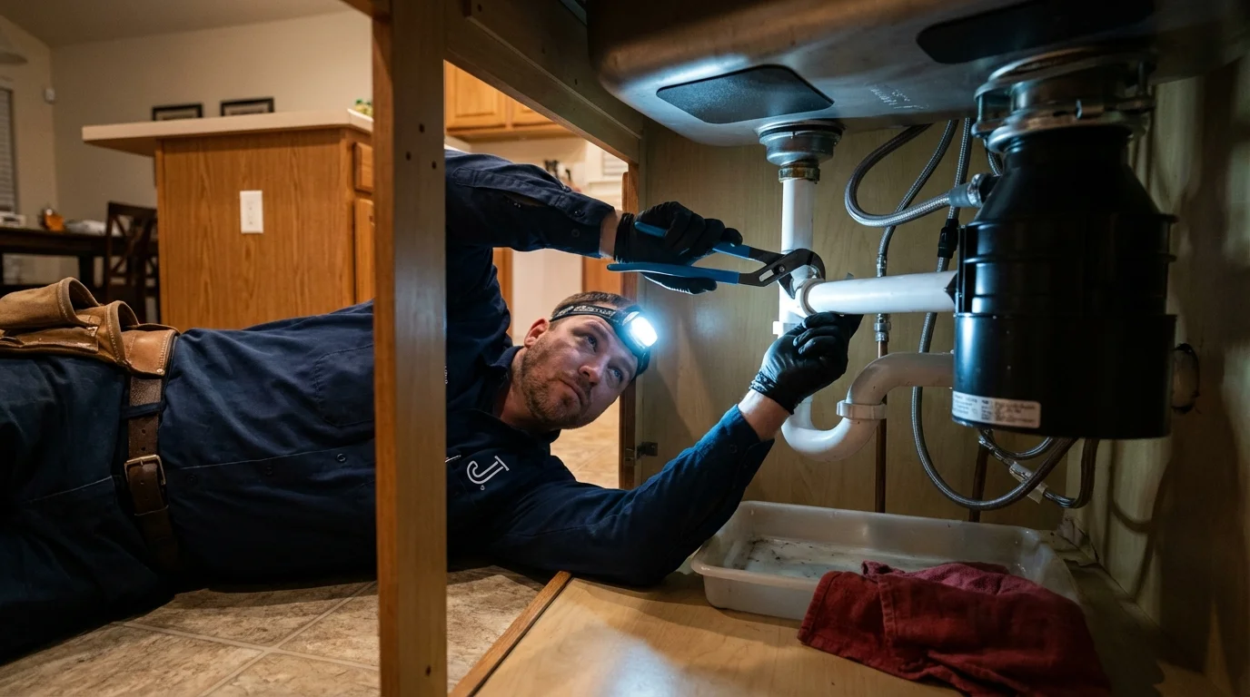 P-trap and supply line connections under a kitchen sink showing a common leak point in Minneapolis, MN